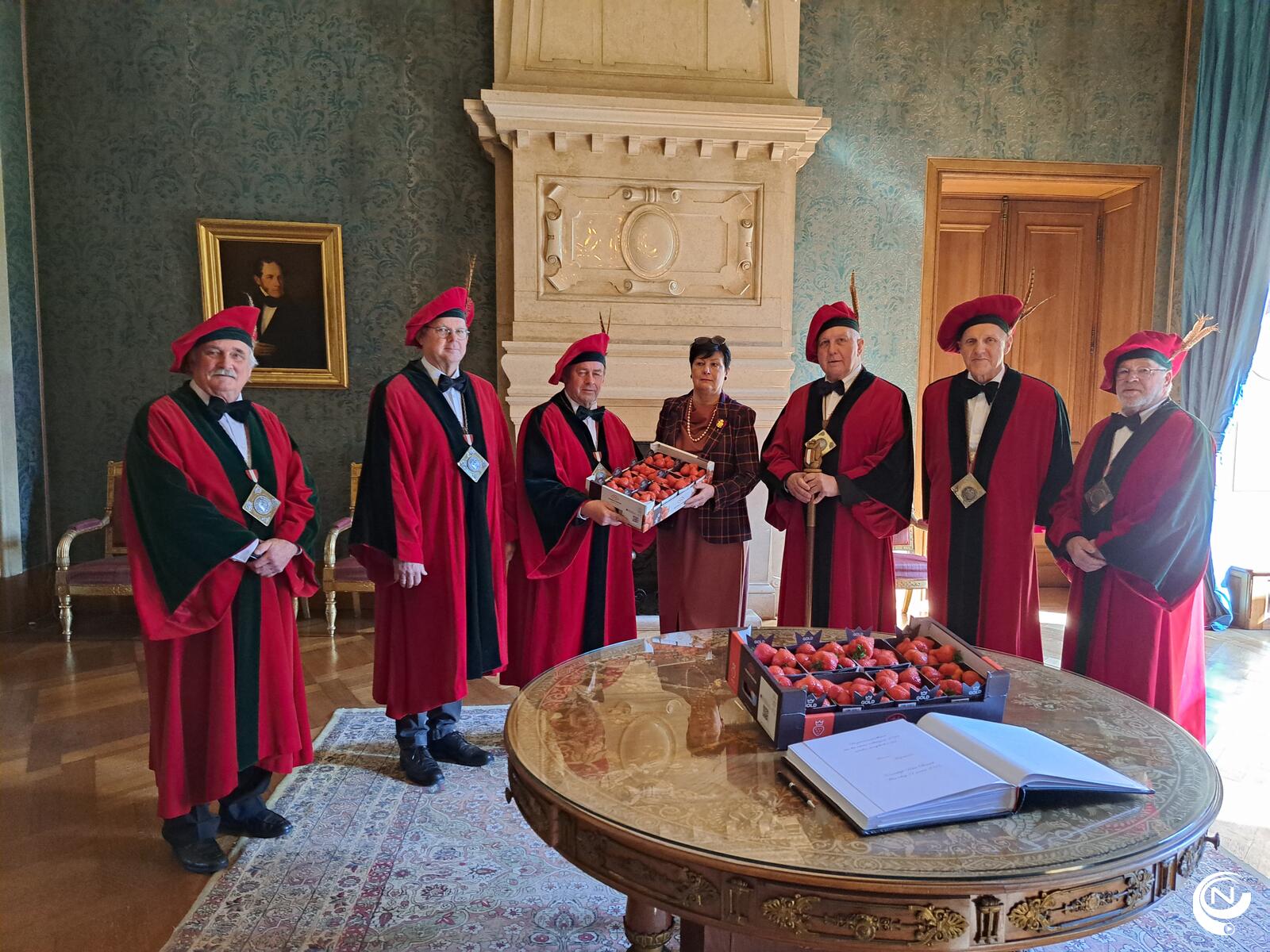 Hoogstraten aardbeien , Ghesellen van de Aardbei van Hoogstraten. Dit bijzondere gezelschap, dat representatief is voor de hele sector, biedt zoals ieder jaar de eerste aardbeien aan onze Koning, Koning Filip.