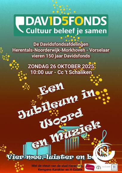 Samen met Davidsfonds Herentals-Noorderwijk-Vorselaar vieren Davidsfonds Nationaal in cc 't Schaliken Herentals samen hun 150-jarig bestaan op zondag 26 oktober om 10u.