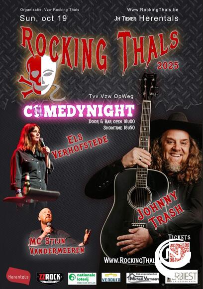Affiche Comedy Night (zondag 19 oktober) Zondag 19 oktober wordt JH Tiener omgetoverd tot comedyzaal, met optredens van Stijn Vandermeeren, Els Verhofstede en Johnny Trash.