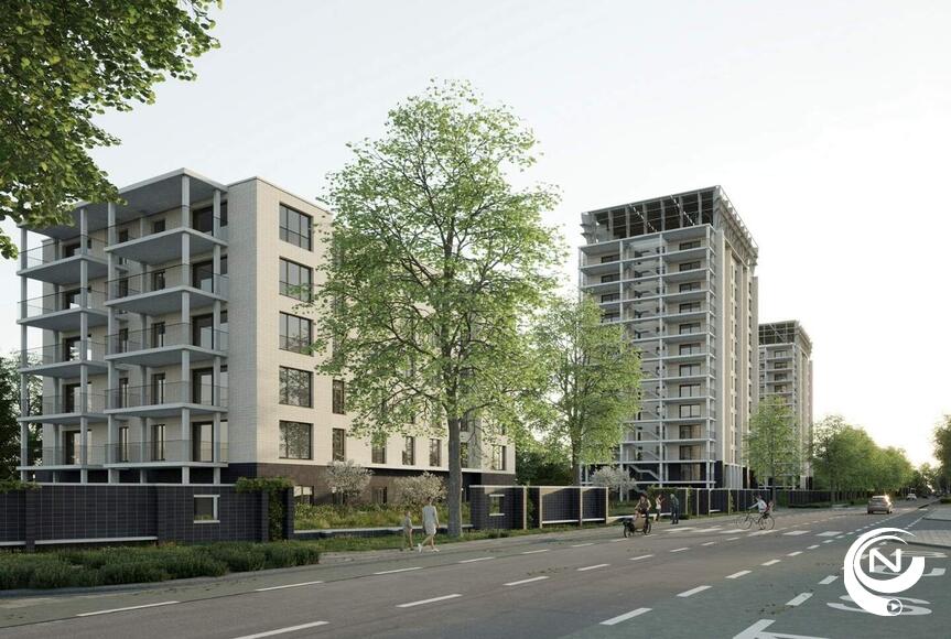 De woontorens van Kleerroos na de grondige renovatie met extra grote terrassen en verdiepingen met windturbines - foto RE-ST