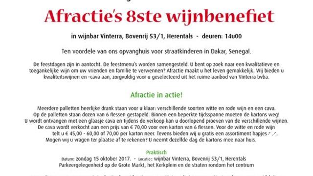 Afractie’s achtste wijnbenefiet op zondag 15 oktober 