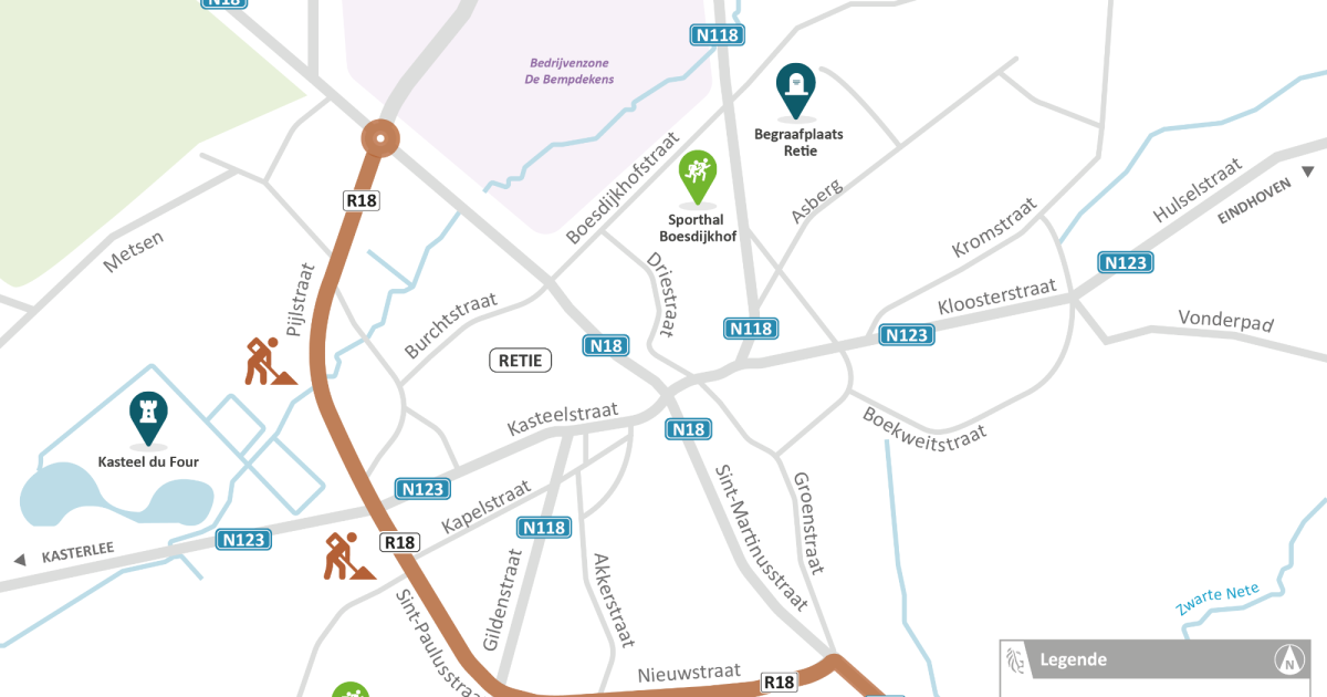 Projectzone/situeringsplan vernieuwing R18. © AWV 